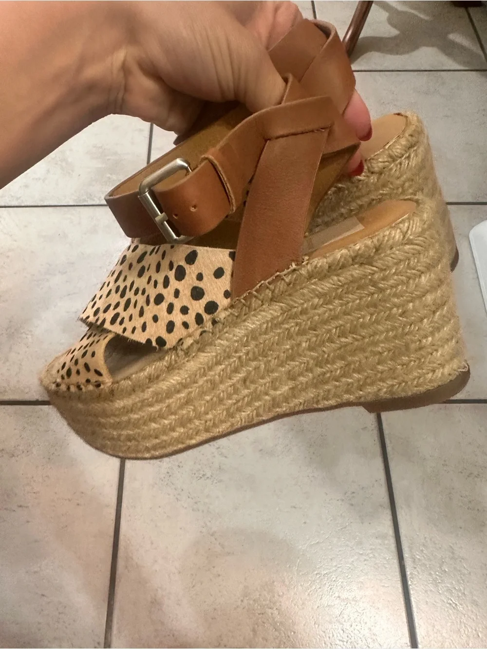 Dolce Vita Carsie platform wedge sandals cheetah print calf hair upper tan 7.5